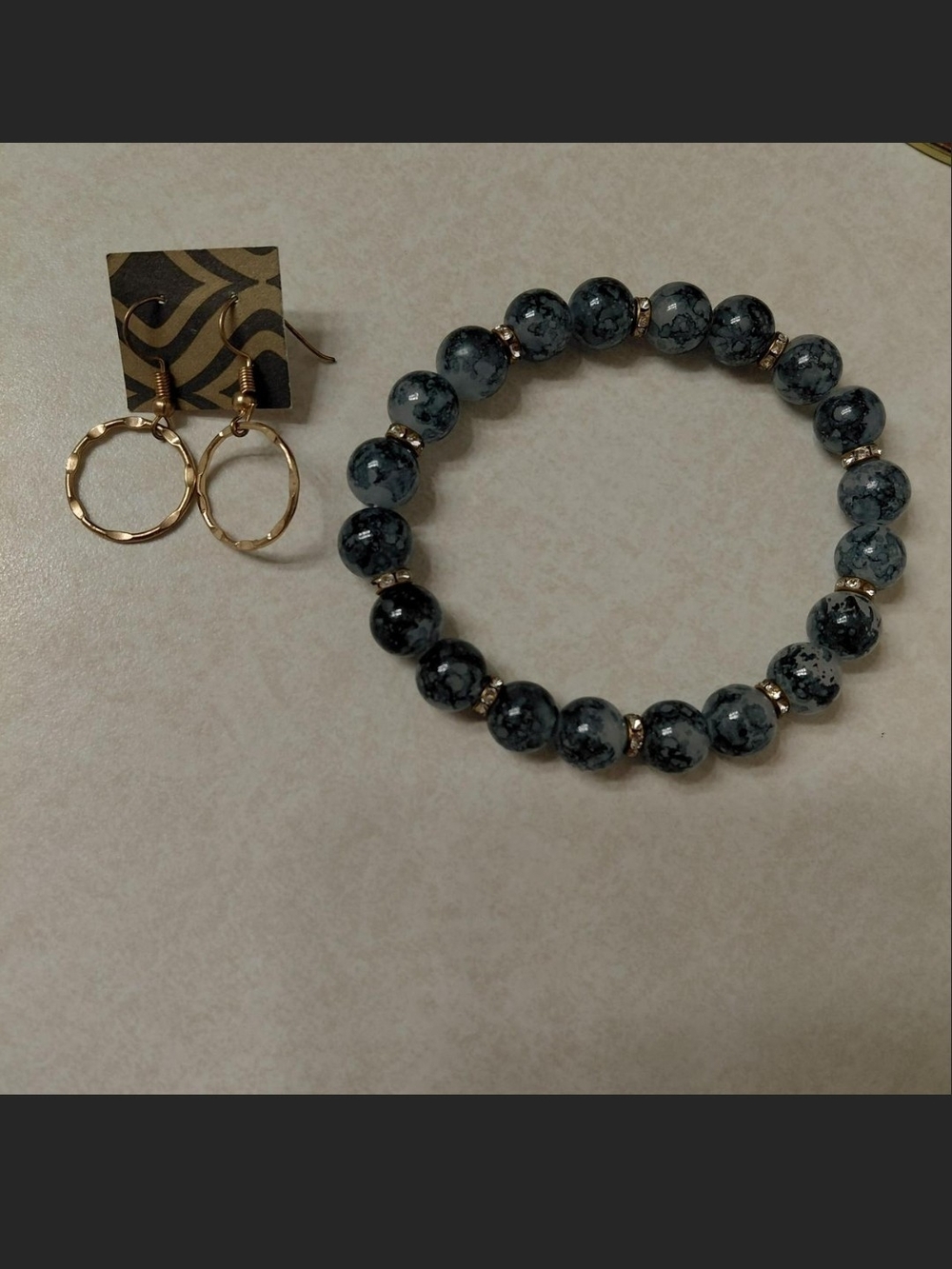 Gold Hoop Earrings And Blue Glass Beaded Bracelet With Gold Accents